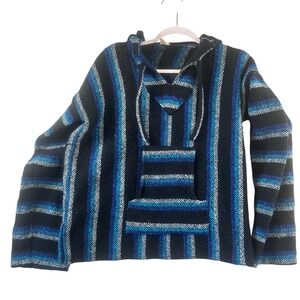 Artesanias JR Inc Mens Mexican Baja Hoodie Striped Blue Black Jerga Pullover L